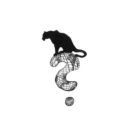 Eine schwarzer Panther sitzt auf einem großen Fragezeichen das mit der Weltkarte/Kontinenten gefüllt ist. Das Bild hat einen minimalistischen Stil und nutzt hauptsächlich Schwarz-Weiß-Kontraste.