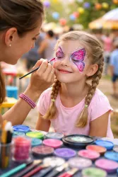 Ein Mädchen lässt sich die Gesichtsmalerei in Form eines Schmetterlings machen. Bunte Farben und eine fröhliche Atmosphäre prägen die Szene.