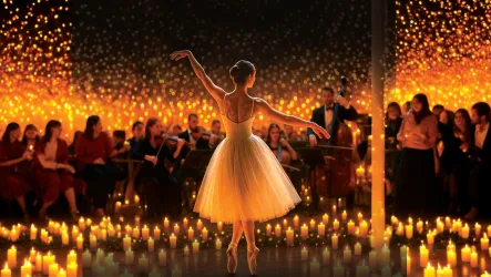 Eine Ballerina in einem weißen Tutu tanzt vor einem Orchester inmitten von Kerzenlicht. Der Hintergrund strahlt eine warmen, orangefarbenen Glanz aus.