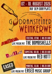 Ein Werbeplakat für das Gdramsteiner Weinfest vom 07. bis 10. August 2026. Es zeigt Informationen zu Live-Musik und Veranstaltungen auf dem Dorfplatz.