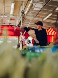 Ein lebhafter Markt mit bunten Ständen und Menschen. Ein Verkäufer wiegt frisches Obst und Gemüse in einer Tüte.