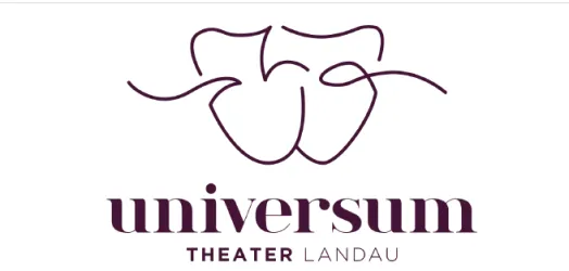 Ein minimalistisches Logo des Theaters Universum in Landau. Es zeigt eine stilisierte grafische Darstellung in lila Farbe.