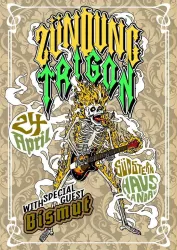 Ein buntes Konzertplakat mit einem rockenden Skelett, das eine Gitarre spielt. Es kündigt das Event von Zündung Trigon mit dem besonderen Gast Bismut am 24. April an.