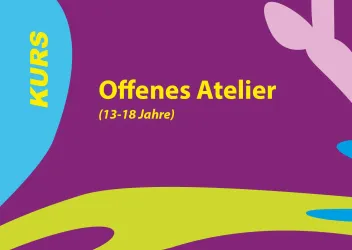 Ein farbenfrohes Design mit dem Titel "Offenes Atelier". Der Kurs richtet sich an Kinder im Alter von 6 bis 12 Jahren.
