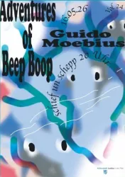 Ein buntes, abstraktes Poster mit geschwungenen Linien und Formen. Es enthält den Titel "Adventures of Beep Boop" und Informationen zu einer Veranstaltung.