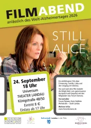 Ein Plakat für einen Filmabend zum Welt-Alzheimertag 2026. Der Film „Still Alice“ wird im Universum Theater Landau gezeigt, Eintritt 8 Euro.