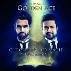 Das Bild zeigt zwei Magier mit eleganter Kleidung vor einem mystischen Hintergrund. Darunter steht "Chroniken der Magie Tour 2026/27".