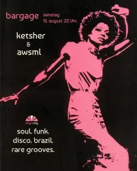 Ein künstlerisches Plakat in den Farben Schwarz und Pink. Es kündigt eine Veranstaltung mit Soul, Funk und Disco am 15. August an.