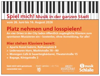 Ein Werbeplakat für ein musikalisches Event in der Stadt. Es lädt ein, an vier Orten spontan Klavier zu spielen, ohne Anmeldung und kostenlos.