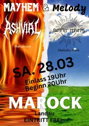 Ein Konzertplakat für die "Pfalz Metalnacht" mit den Bands "Fall of Sinners" und "Faktor 8". Das Event findet am 21. Februar 2026 im Marock Bar in Landau statt.