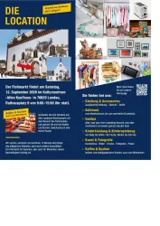 Ein bunter Flyer für einen Flohmarkt mit Informationen über Datum, Ort und Angebot. Er zeigt Bilder von verschiedenen Verkaufsartikeln und Aktivitäten.