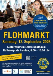 Ein Flohmarkt findet am Samstag, den 12. September 2026, im Kulturzentrum "Altes Kaufhaus" in Landau statt. Die Veranstaltung bietet Kaffee und Kuchen sowie zahlreiche Stände mit Angeboten.