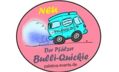 Ein kreatives Logo mit einem bunten Bus, der schnell fährt. Der Text informiert über "Der Pfälzer Bulli-Quickie" und die Website palatina-events.de.