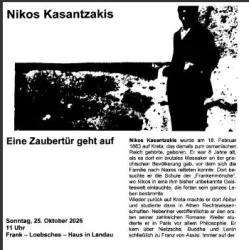 Eine Einladung zu einer Veranstaltung über Nikos Kazantzakis. Der Text enthält Details über sein Leben und die Veranstaltung, die am 25. Oktober 2026 stattfinden wird.