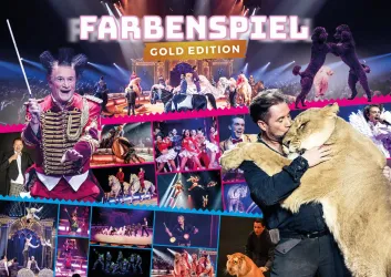 Eine lebendige Zirkusshow mit verschiedenen Darbietungen, darunter Akrobatik und Tiernummern. Der Titel "Farbenspiel Gold Edition" ist prominent in der Mitte des Bildes zu sehen.