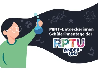 Ein farbenfrohes Design für die RPTU Kinder-Uni mit dem Motto „Mitmachen, Mitforschen, Mitstaunen“. Auf der rechten Seite ist ein MINT-Mach-Pass abgebildet.