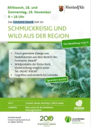 Ein Flyer für eine Veranstaltung im Forstamt Haardt. Es werden frische Zweige und winterliche Getränke angeboten, sowie Informationen zur Firma Rück.