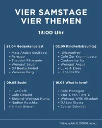 Ein Veranstaltungsplakat mit Informationen zu vier Samstagen und verschiedenen Themen. Die Daten und teilnehmenden Künstler sowie Locations sind aufgelistet.