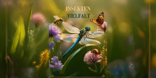 Eine bunte Vielfalt von Insekten auf Blumen. Eine Libelle und verschiedene Schmetterlinge sind in einer grünen Wiese zu sehen.
