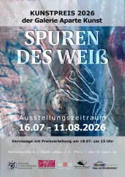 Ein Plakat für den Kunstpreis 2026 der Galerie Apart Kunst. Es zeigt den Titel "SPUREN DES WEISS" und Informationen zur Vernissage und Ausstellungszeitraum.