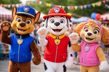 Drei farbenfrohe Maskottchen stehen zusammen und winken. Sie tragen jeweils verschiedene Kostüme in lebhaften Farben und lächeln fröhlich.