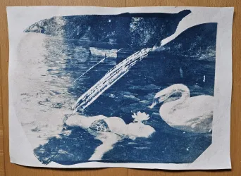 Kunstwerk: Lea Dencker "Alles im Fluss",2025,  Cyanotypie.
