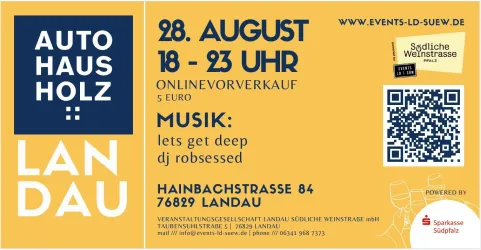 Ein Event-Plakat für eine Musikveranstaltung in Landau. Es zeigt Details zum Datum, Uhrzeit und Ort sowie Informationen zu den DJs.