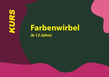 Ein farbenfrohes Design mit dem Titel "Offenes Atelier". Der Kurs richtet sich an Kinder im Alter von 6 bis 12 Jahren.