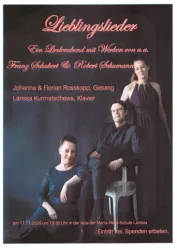 Ein Konzertplakat für einen Liederabend mit den Künstlern Johanna und Florian Rosskopp sowie Larissa Kurmatschewa. Die Veranstaltung findet am 17. November 2026 in Landau statt.