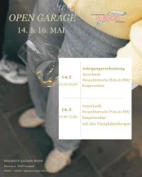 Ein Veranstaltungsflyer für eine "Open Garage" im Weingut Katrin Wind. Er zeigt Informationen zu verkostungen, Essen und Zeiten für die Veranstaltungen am 14. und 16. Mai.