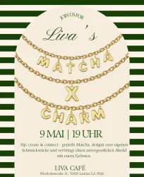 Ein pinkes Plakat für eine Veranstaltung mit dem Titel "Matcha & Clay". Es zeigt eine Farbpalette, eine Schüssel und Informationen zum Datum und zur Uhrzeit.
