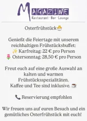 Ein Plakat für ein Osterfrühstück im Restaurant Magazine. Es werden die Preise und eine große Auswahl an Frühstücksoptionen angeboten, einschließlich Kaffee und Tee.