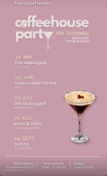 Ein Werbeplakat für eine Coffeehouse-Party, das verschiedene Veranstaltungen von Mai bis September aufflistet. Im Bild ist ein Cocktail mit einer Kirschgarniert präsent.