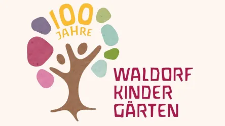 Ein grafisches Logo, das an 100 Jahre Waldorfkindergärten erinnert. Es zeigt einen stilisierten Baum mit bunten Blättern und den Text "100 Jahre Waldorfkindergärten".