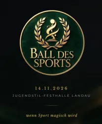 Ein elegantes Logo für den "Ball des Sports" mit goldenen Elementen auf grünem Hintergrund. Das Datum und die Veranstaltungsort sind angegeben.