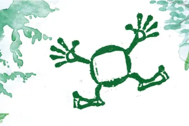 Ein grünes Froschmotiv auf einem hellen Hintergrund. Die Hände und Füße des Frosches sind weit geöffnet, was Bewegung undLebendigkeit vermittelt.