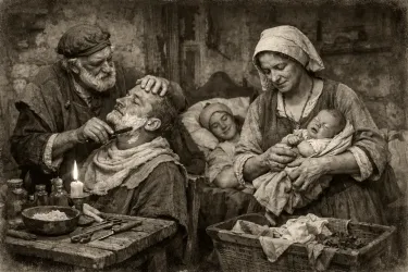 Ein historisches Szenario mit einem Mann, der sich rasiert, während eine Frau ein Baby hält. Im Hintergrund schläft eine weitere Person in einer einfach eingerichteten Umgebung.