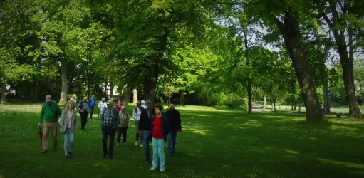 Eine Gruppe von Menschen geht durch einen grünen Park. Die Bäume und das Gras verleihen der Szenerie eine frische, einladende Atmosphäre.