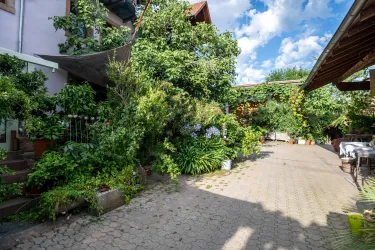 Ein grüner Garten mit vielen Pflanzen und einem gepflasterten Weg. Der Himmel ist teilweise bewölkt und es herrscht eine ruhige Atmosphäre.