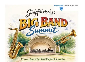 Ein plakativer Hintergrund für das Südpfälzische Big Band Summit zeigt eine Konzertmuschel im Goethepark in Landau. Musikinstrumente wie Saxophon und Trompete sind dekorativ abgebildet.