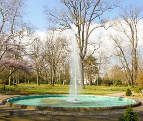 Ein schöner Brunnen in einem parkähnlichen Umfeld. Im Hintergrund sind kahle Bäume und eine klare, blaue Himmel sichtbar.