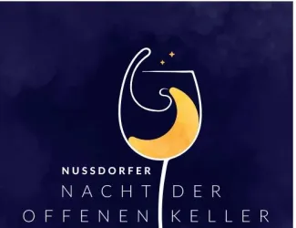 Ein stilisiertes Weinglas vor einem dunklen Hintergrund. Der Text beschreibt die "Nusdorfer Nacht der offenen Keller".