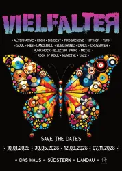 Ein bunter Schmetterling aus Musikkonzepten und Platten ist abgebildet. Der Text informiert über ein Musikfestival mit verschiedenen Genres und Terminen.