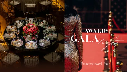 Ein eleganter Galaabend mit einem schön dekorierten Tisch und einer festlichen roten Teppichumgebung. Die Atmosphäre ist glamourös und stilvoll, perfekt für eine Auszeichnungzeremonie.