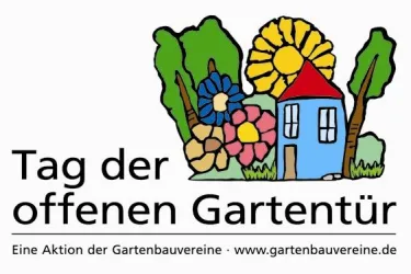 Ein farbenfrohes Bild mit einem kleinen blauen Haus und bunten Blumen. Der Text „Tag der offenen Gartentür“ lädt zu einer Gartenveranstaltung ein.