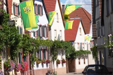 Eine malerische Straße mit bunten Fahnen und blühenden Pflanzen. Die charmanten Häuser haben rote Dächer und sind umgeben von einem schönen Ambiente.