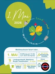 Ein farbenfrohes Plakat für das Maifest in Wollmesheim am 1. Mai 2026. Es zeigt Veranstaltungen und Aktivitäten wie Landjugendspiele, Musik und kulinarische Angebote.