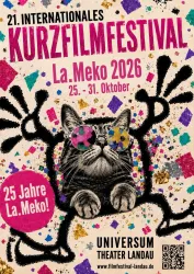 Ein buntes Plakat für das 21. Internationale Kurzfilmfestival La.Meko 2026. Es zeigt eine Katze mit Sonnenbrille und festlichem Hintergrund.