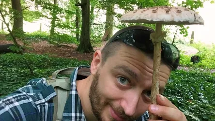 Ein Mann hält einen großen Pilz in einem Wald. Im Hintergrund sind Bäume und grünes Blattwerk zu sehen.