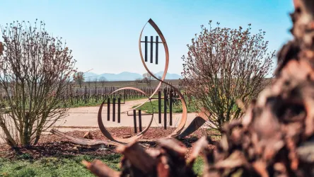 Eine elegante Skulptur in einem Weinberg, umgeben von Sträuchern und einem klaren Himmel. Im Hintergrund sind sanfte Hügel zu sehen.